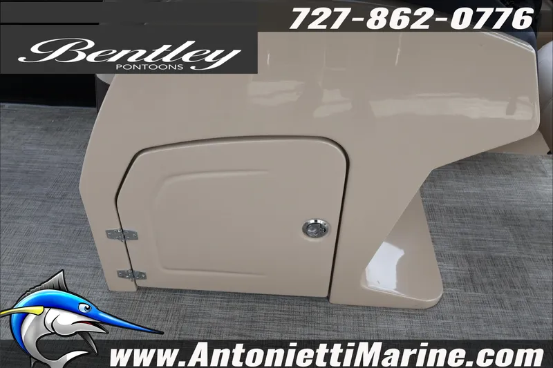Slide: The Image of 2026 Bentley Pontoons Fish 243 Swingback interior with plush seating and cup holders. - 14