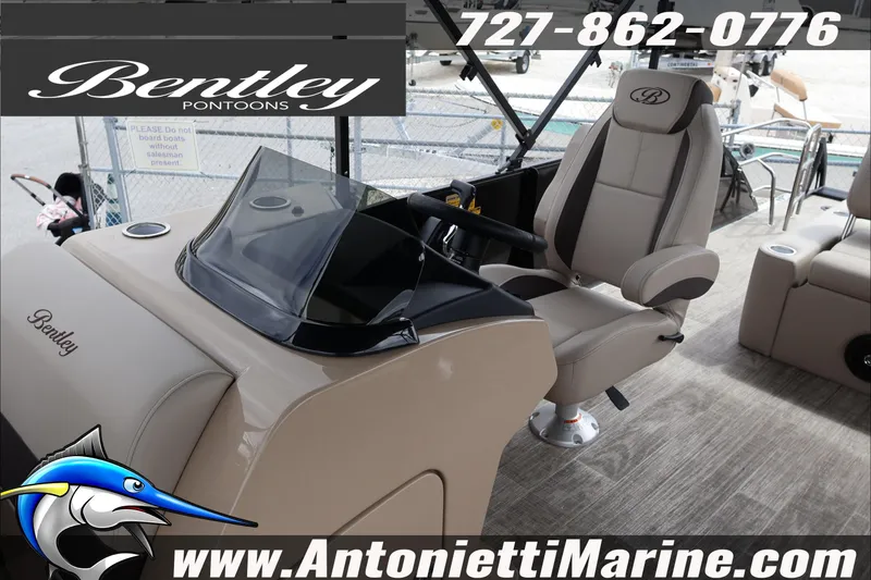 Slide: The Image of 2026 Bentley Pontoons Fish 243 Swingback dashboard with Simrad and JBL systems. - 22