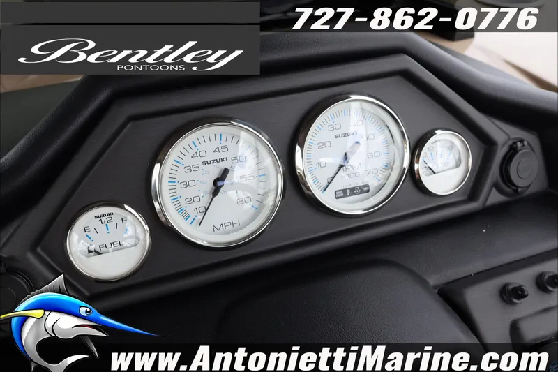 Slide: The Image of 2026 Bentley Pontoons Fish 243 Swingback with luxurious seating, showcased by Antonietti Marine. - 28
