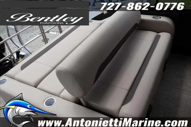 Slide: The Image of 2026 Bentley Pontoons Fish 243 Swingback with luxurious seating and cup holders, showcased by Antonietti Marine. - 31