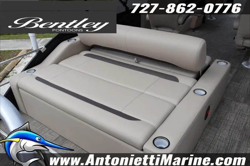 Slide: The Image of 2026 Bentley Pontoons Fish 243 Swingback speaker detail with contact information and logo. - 34