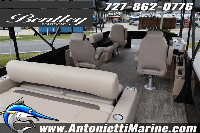 Slide: The Image of 2026 Bentley Pontoons Fish 243 Swingback dashboard with logo and contact details. - 35