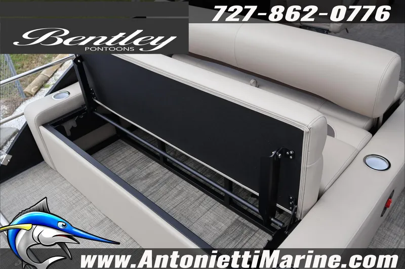 Slide: The Image of 2026 Bentley Pontoons Fish 243 Swingback logo with contact details and website. - 36