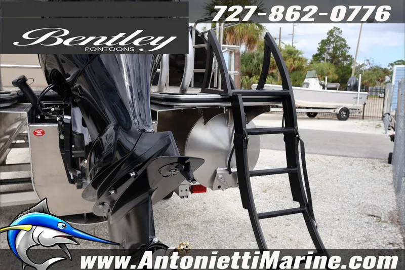 Slide: The Image of 2026 Bentley Pontoons Fish 243 Swingback gate with logo and contact details. - 8