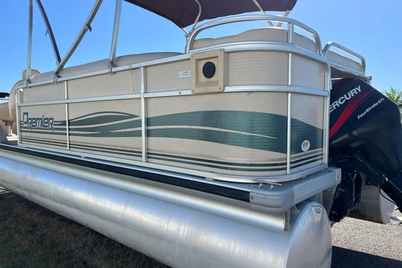 Slide: The Image of 2002 Premier 225 Majestic pontoon boat with Mercury FourStroke engine, side view. - 5