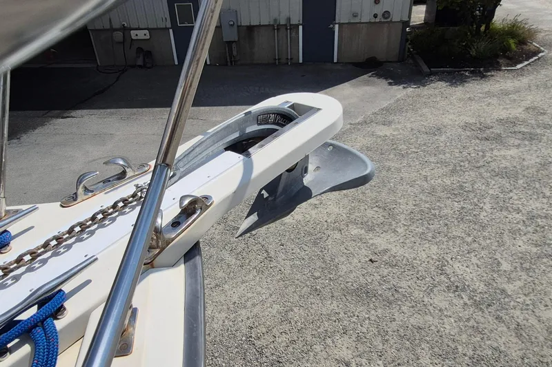 Slide: The Image of Bow of 1990 Sabreline 36 Fast Trawler with anchor and chain detail. - 46