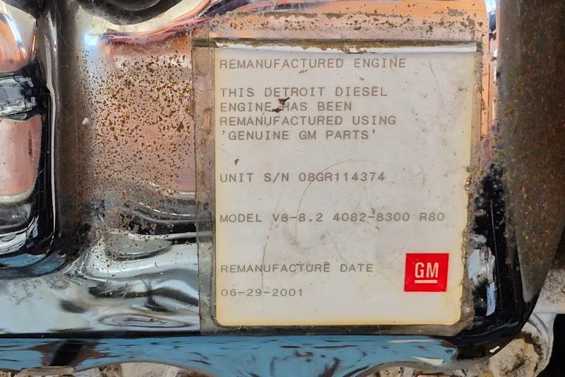 Slide: The Image of Remanufactured Detroit Diesel engine label on 1990 Sabreline 36 Fast Trawler. - 86