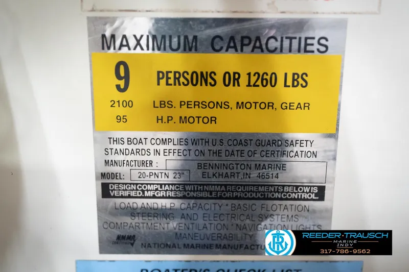 Slide: The Image of Capacity label for 2003 Bennington 2050 RL, 9 persons or 1260 lbs, 95 HP motor. - 57