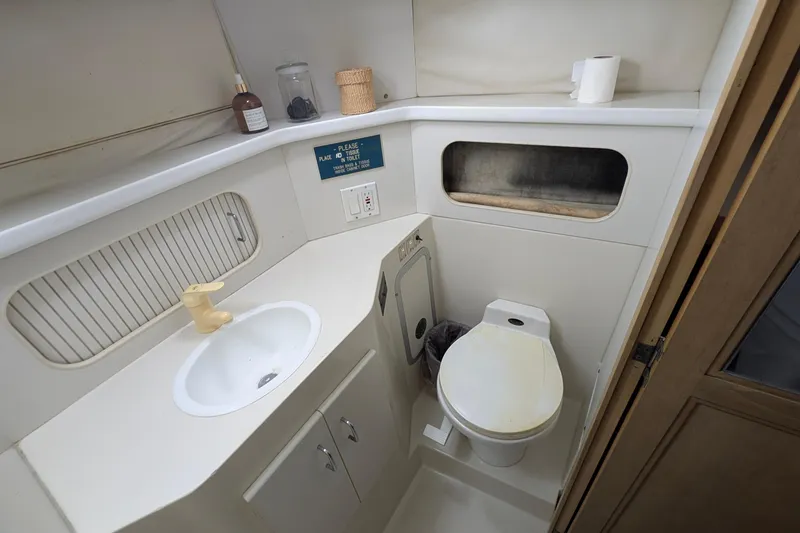 Slide: The Image of Bathroom interior of 1994 Carver 370 Aft Cabin Motor Yacht, featuring sink and toilet. - 48