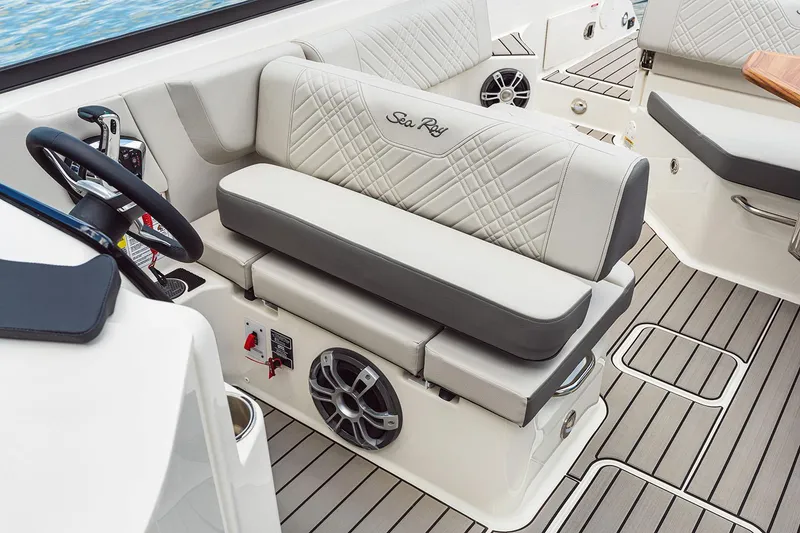 Slide: The Image of 2025 Sea Ray SDX 250 Outboard with Mercury engine, indoor display. - 10