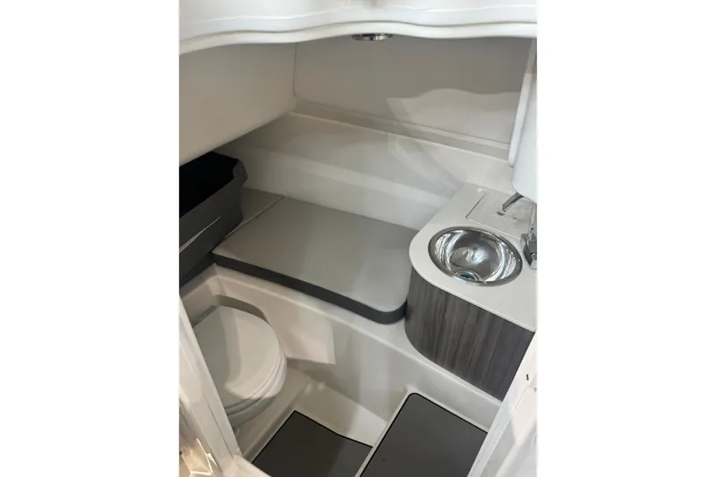 Slide: The Image of 2025 Sea Ray SDX 250 Outboard interior with luxurious seating and sleek design. - 15