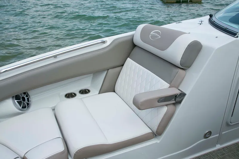 Slide: The Image of Luxurious seating on 2026 Crownline Eclipse E275 boat, featuring elegant design and comfortable upholstery. - 18