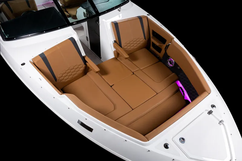 Slide: The Image of 2026 Four Winns H9 OB boat interior with tan seating and modern design. - 28