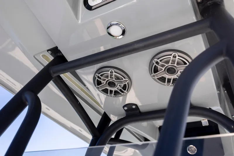 Slide: The Image of 2023 Pathfinder 2700 Open boat speakers and railings, close-up view. - 16