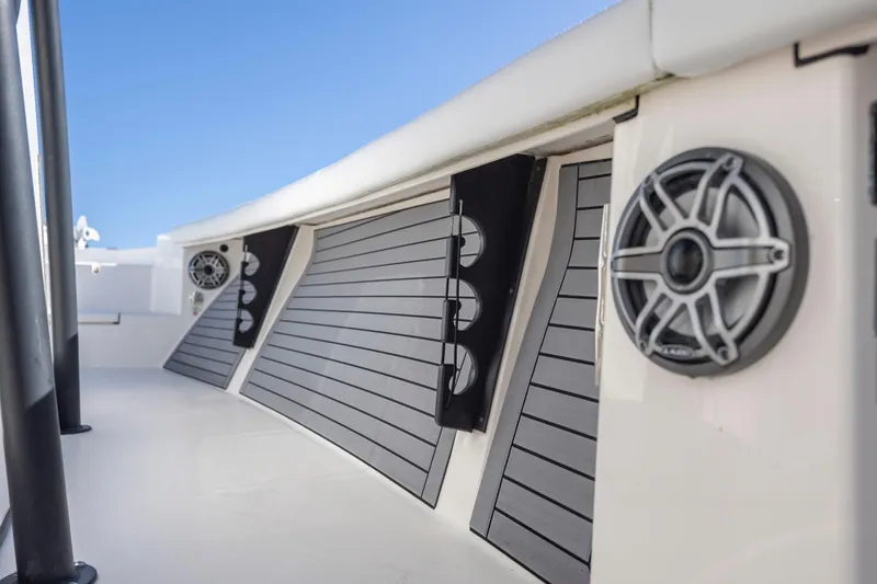 Slide: The Image of 2023 Pathfinder 2700 Open boat interior with speakers and sleek design. - 21