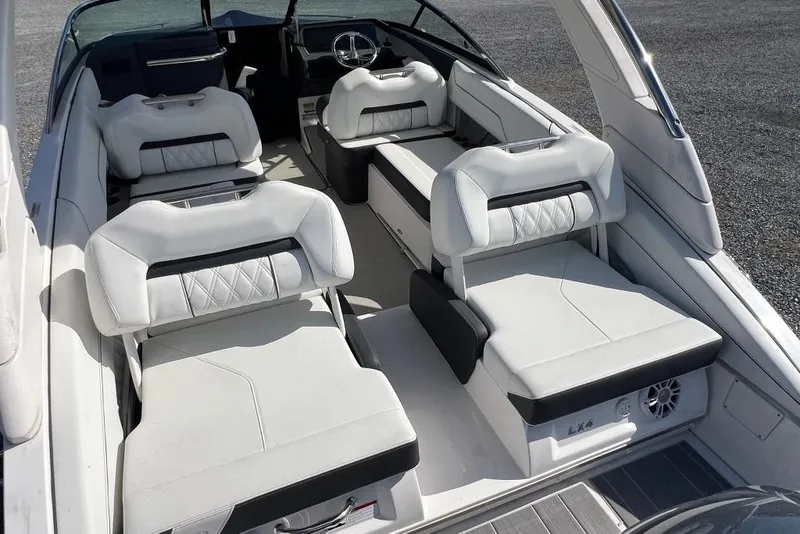 Slide: The Image of 2023 Regal LX4 boat interior with luxurious white seating and modern design. - 2