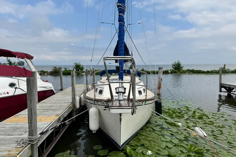 Slide: The Image of 1988 Island Packet 27 sailboat docked by a serene lake with lily pads. - 3