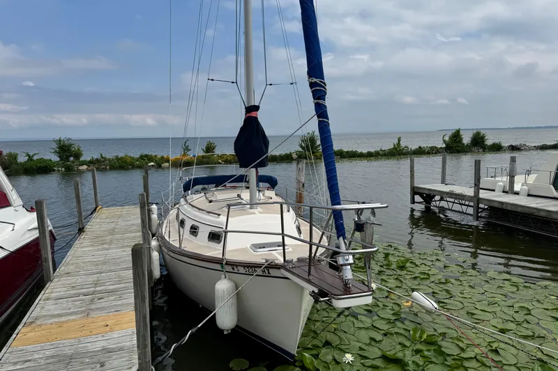 Slide: The Image of 1988 Island Packet 27 sailboat docked by a serene lakeside with lily pads. - 2