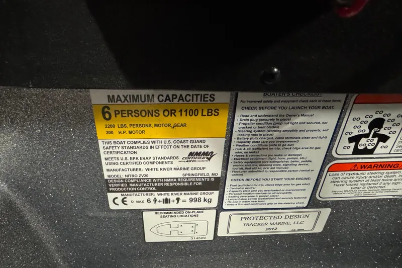 Slide: The Image of 2026 Nitro ZV20 Sport Pro capacity label, 6 persons or 1100 lbs, safety instructions. - 15