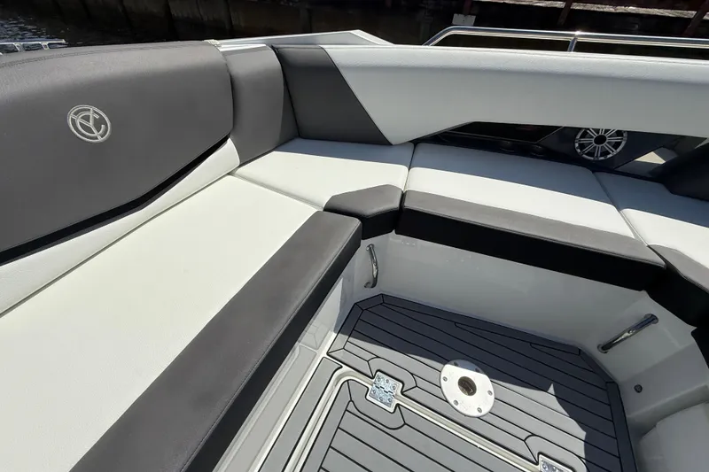 Slide: The Image of 2019 Cruisers Yachts 338 Outboard interior seating with sleek design and modern upholstery. - 20
