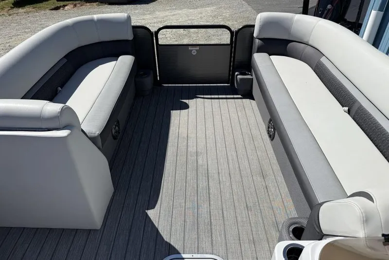 Slide: The Image of 2021 Godfrey SW 2286 SFL GTP pontoon boat interior with gray seating and flooring. - 5