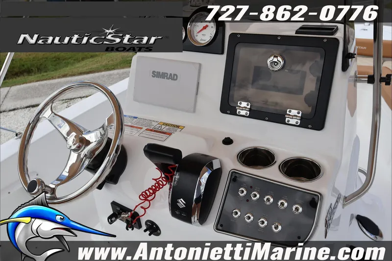 Slide: The Image of 2026 NauticStar 191 Hybrid boat dashboard with steering wheel and controls, featuring Simrad electronics. - 11