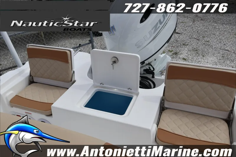 Slide: The Image of 2026 NauticStar 191 Hybrid boat interior with seating and Suzuki engine, Antonietti Marine branding. - 22