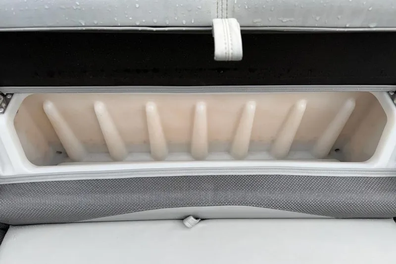 Slide: The Image of Storage compartment in 2023 Regency 250 DL3 boat, featuring cushioned seating and sleek design. - 38