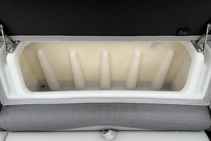 Slide: The Image of Storage compartment in 2023 Regency 250 DL3 boat, featuring a cushioned lid and white interior dividers. - 5