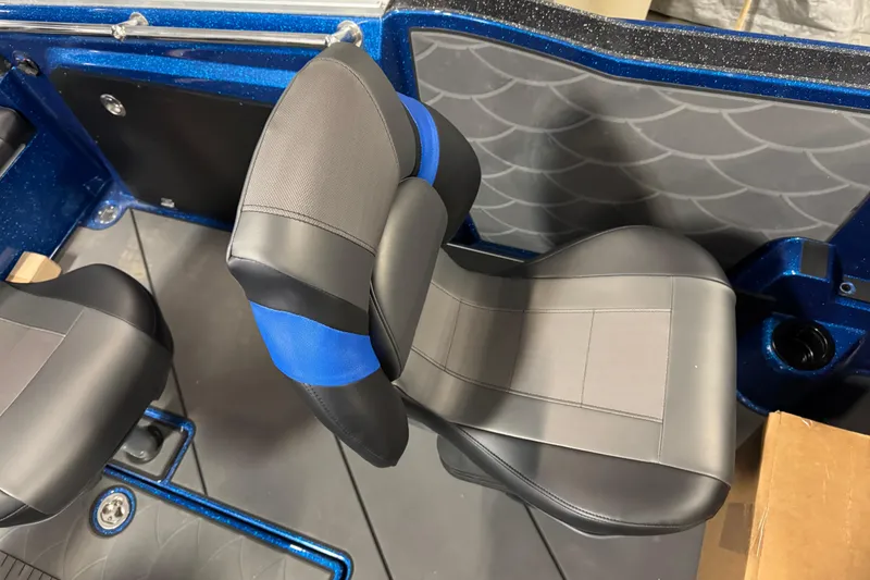 Slide: The Image of 2026 Nitro ZV20 Sport Pro boat seat with blue and gray upholstery. - 10