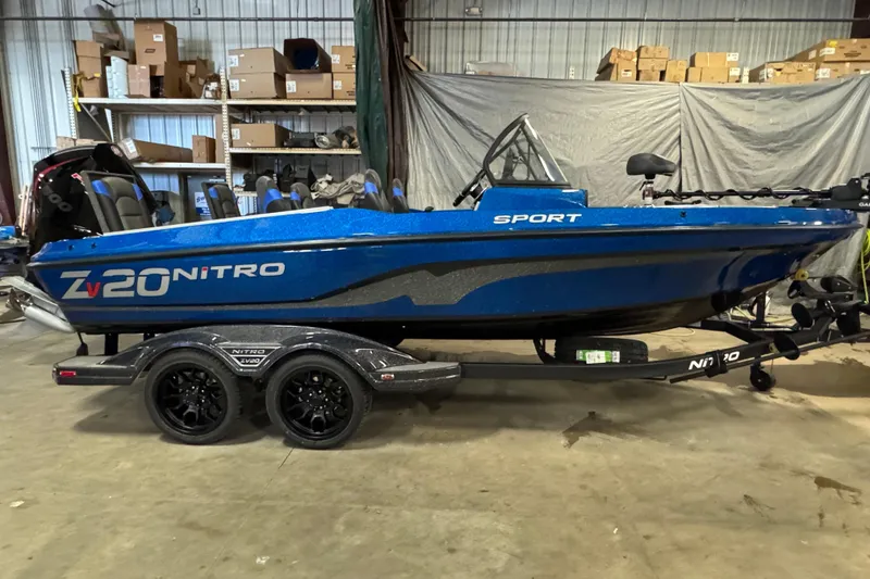 Slide: The Image of 2026 Nitro ZV20 Sport Pro boat in a garage, blue color, on a trailer. - 3