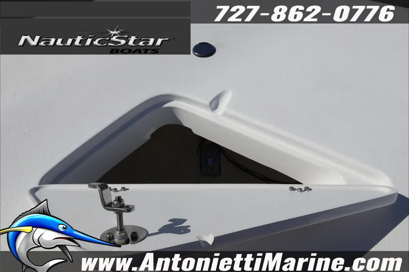 Slide: The Image of 2025 NauticStar 231 Hybrid boat deck with anchor compartment, Antonietti Marine branding. - 22