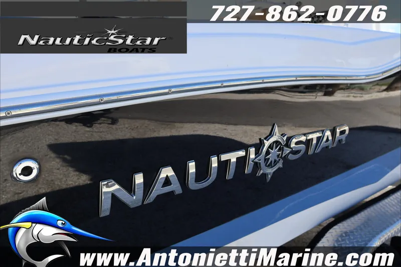 Slide: The Image of 2025 NauticStar 231 Hybrid boat branding with contact details and website. - 42