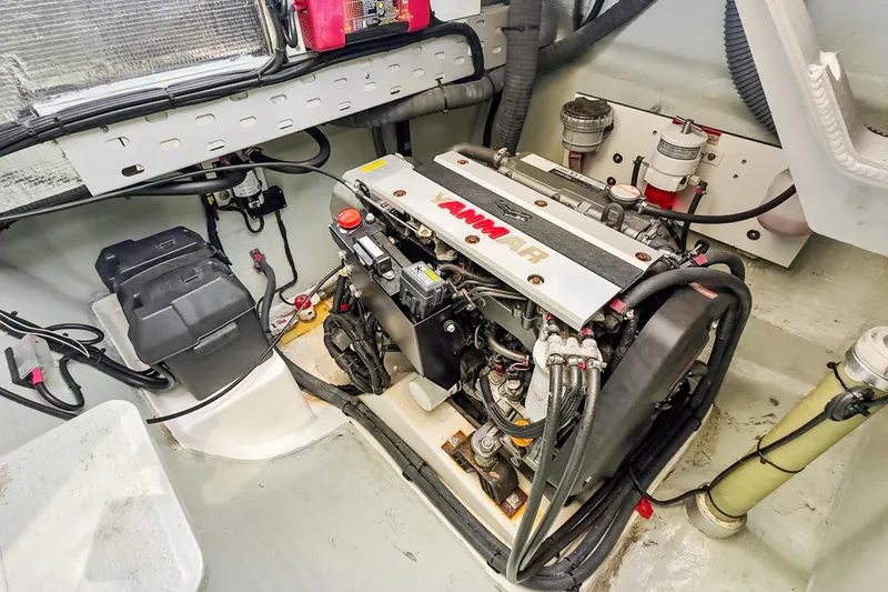 Slide: The Image of Engine room of a 2021 Leopard 45 yacht featuring a Yanmar engine. - 101