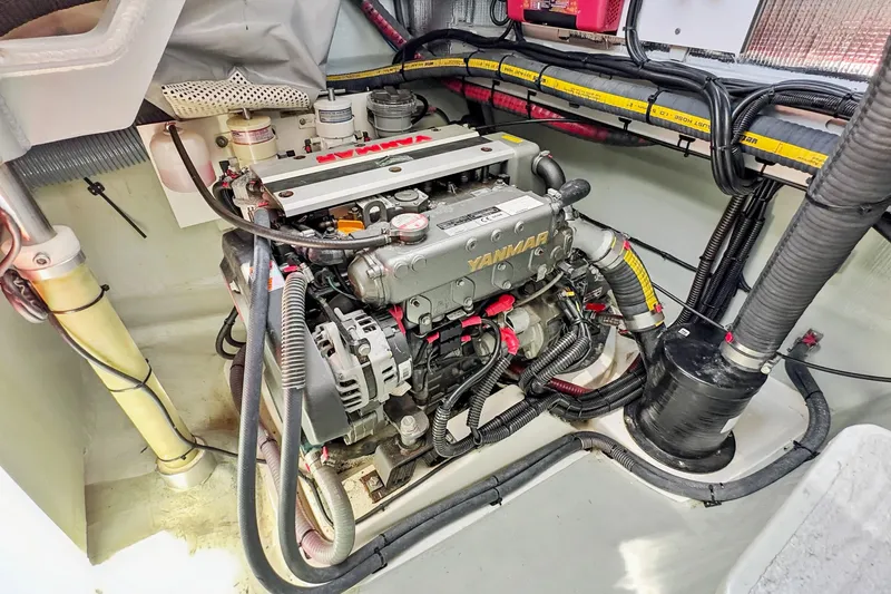 Slide: The Image of Engine compartment of a 2021 Leopard 45 catamaran with Yanmar engine and wiring. - 103