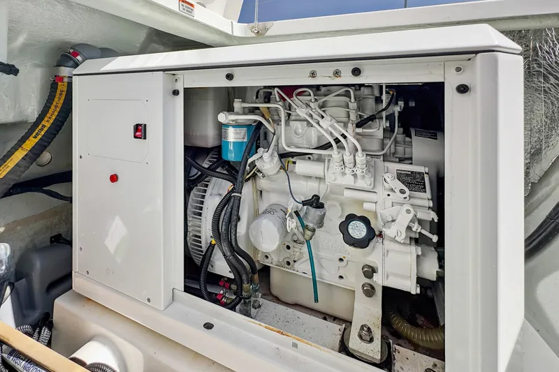 Slide: The Image of Engine compartment of a 2021 Leopard 45 catamaran, showcasing mechanical components and wiring. - 104