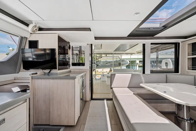 Slide: The Image of Modern interior of 2021 Leopard 45 yacht with sleek design and spacious seating area. - 29
