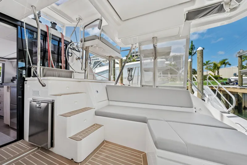 Slide: The Image of 2021 Leopard 45 yacht interior with modern seating and sleek design. - 52