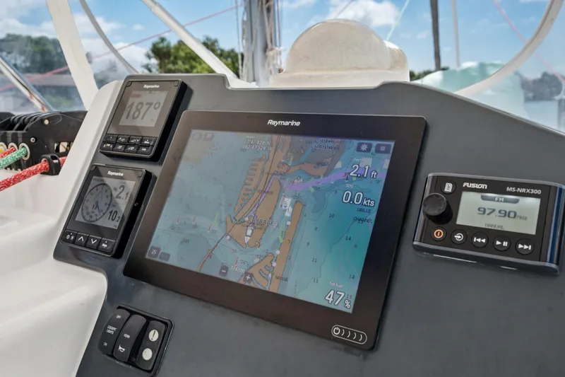 Slide: The Image of Leopard 45 yacht navigation system with Raymarine displays and Fusion audio, 2021 model. - 59