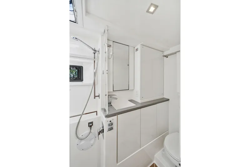 Slide: The Image of Modern bathroom in 2021 Leopard 45 yacht with sleek fixtures and ample storage. - 74