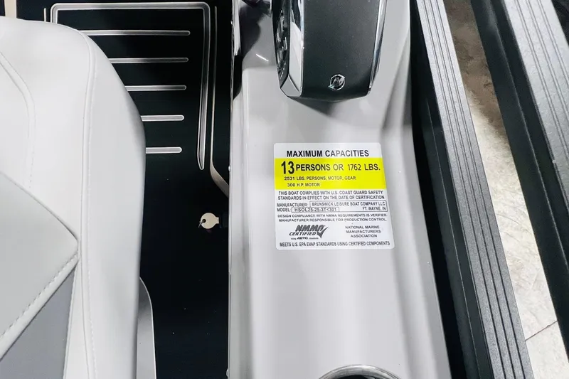 Slide: The Image of 2025 Harris Solstice 250 capacity label, seating for 13 people or 1762 lbs. - 22