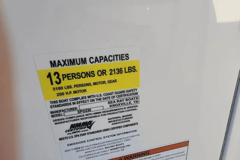 Slide: The Image of Sea Ray SPX 230 Outboard 2022 capacity label: 13 persons or 2136 lbs, 250 HP motor. - 34
