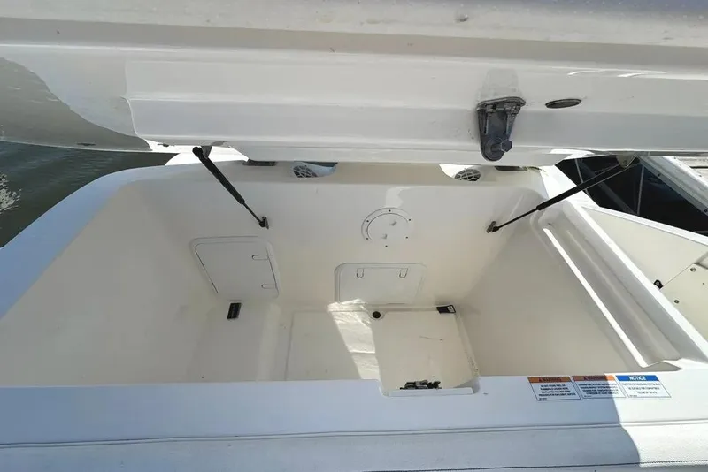 Slide: The Image of 2022 Sea Ray SPX 230 Outboard storage compartment with open hatch and hydraulic supports. - 9