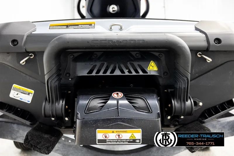 Slide: The Image of 2024 Sea Doo 170 Wake GTI rear view with safety warnings and branding. - 22