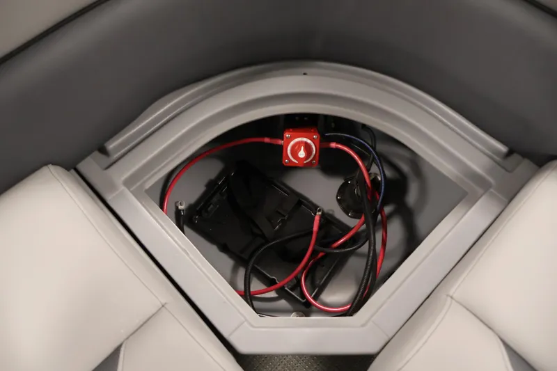 Slide: The Image of Battery compartment of 2026 Bentley Pontoons 160 Cruise LE with wiring and switch. - 28