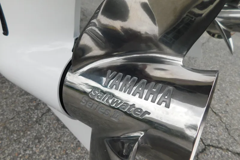 Slide: The Image of Close-up of Yamaha Saltwater Series II propeller on 2026 Regulator 28 boat. - 56