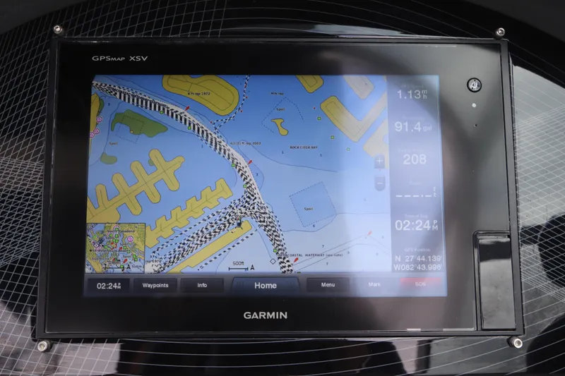 Slide: The Image of Garmin GPS display on 2018 Regal 29 OBX boat, showing navigation map and data. - 27