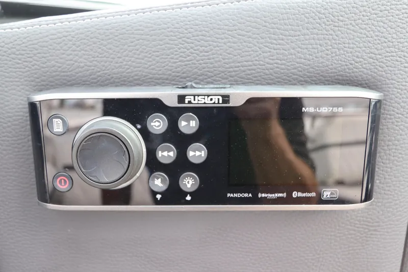 Slide: The Image of Fusion MS-UD755 stereo system on 2018 Regal 29 OBX boat dashboard. - 30