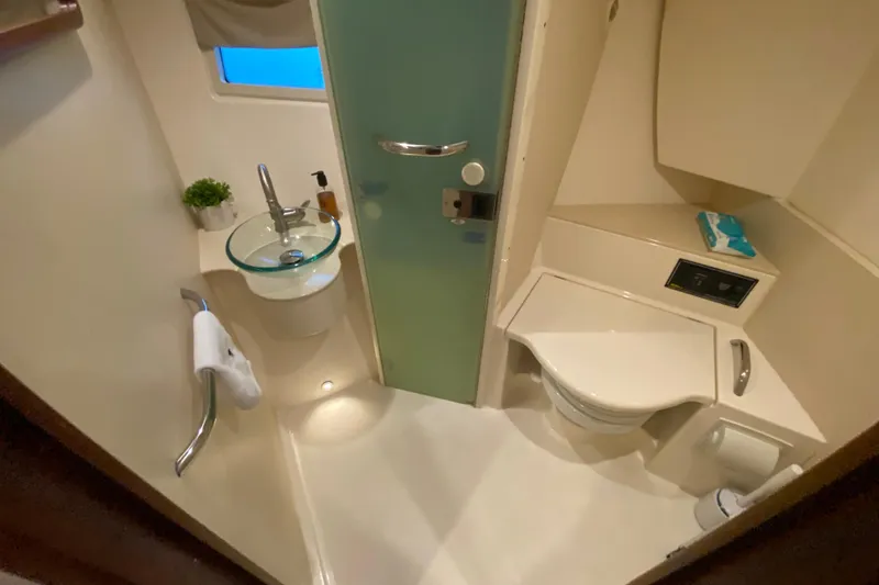 Slide: The Image of Compact bathroom in 2014 Pursuit SC 365i Sport Coupe with shower and toilet. - 50