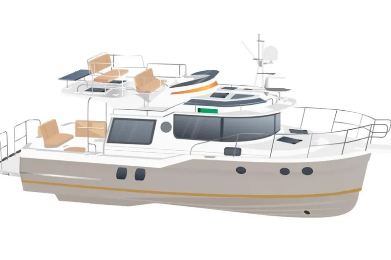 Slide: The Image of 2025 Ranger Tugs R-29 CB boat illustration with spacious deck and modern design. - 5